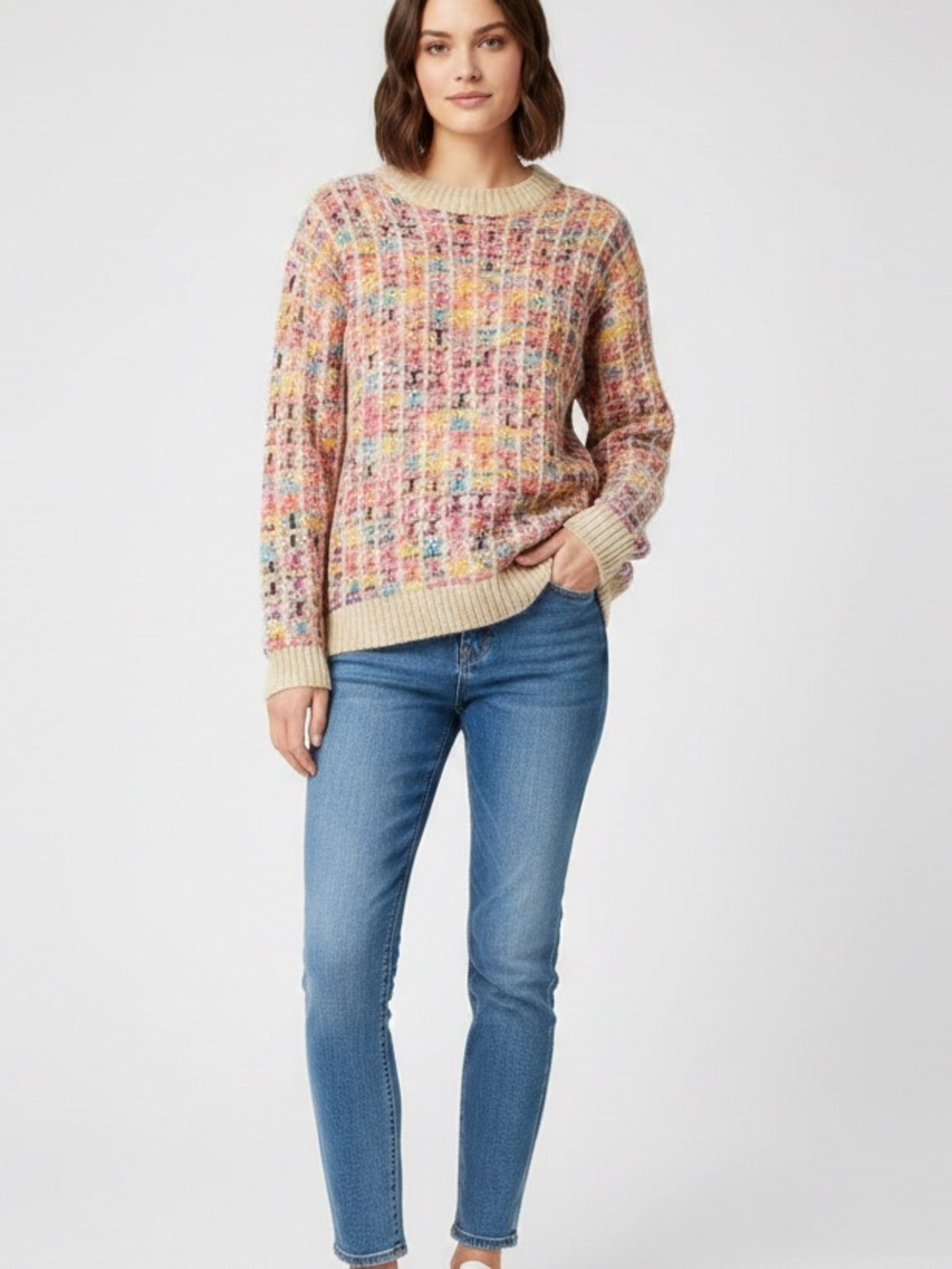 SHEIN Multicolor Textured Knit Crew Neck Sweater Size S